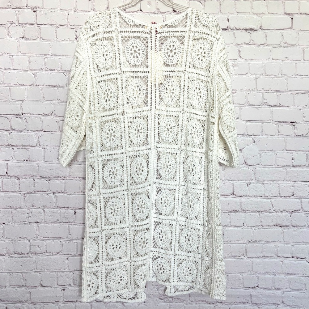 SOLITAIRE 3/4 Sleeve Ivory Boho Crochet Cardigan or Beach Cover-Up--NWT--S - Picture 7 of 15